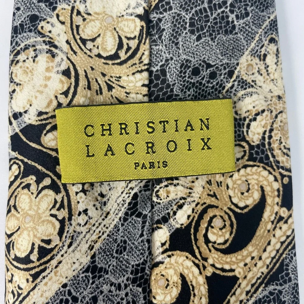 Christian Lacroix Tie Floral Lace Print Stripe Silk Necktie Made in Italy Formal